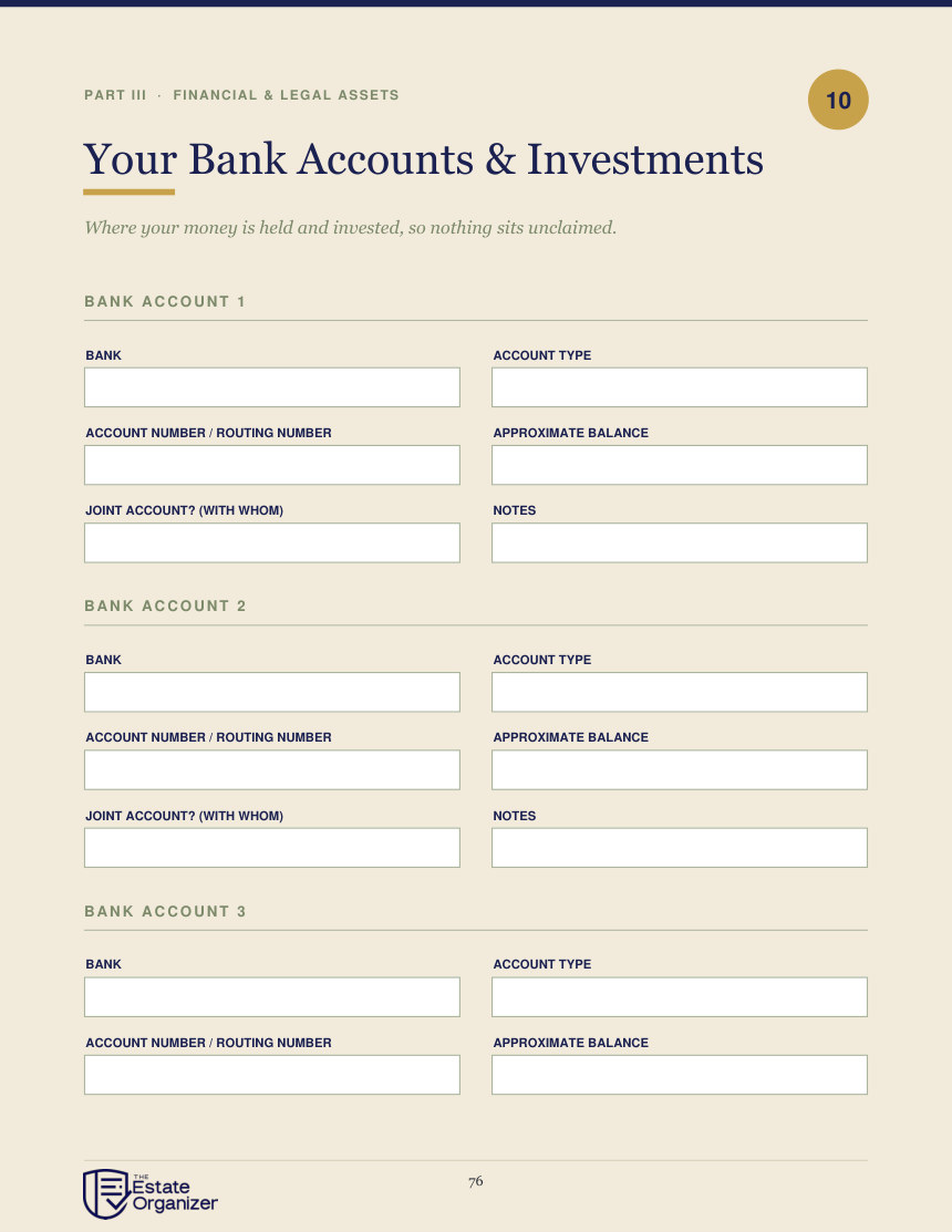 Bank accounts and investments page